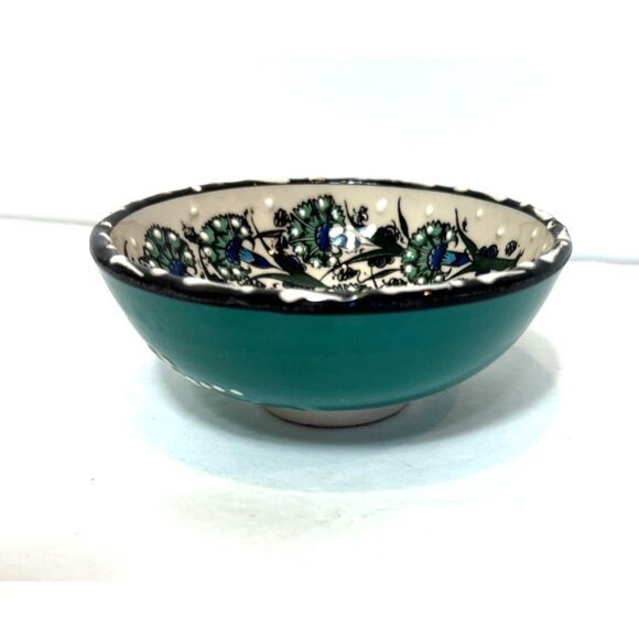 Nakkas Cini Turkish Ceramic Hand Painted Blue Green Small Tapas Bowl 5" Wide - Picture 5 of 8